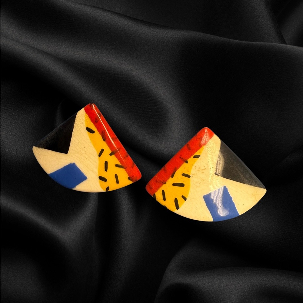 Vintage 80s Ceramic Geometric Statement Earrings – Memphis Milano Style